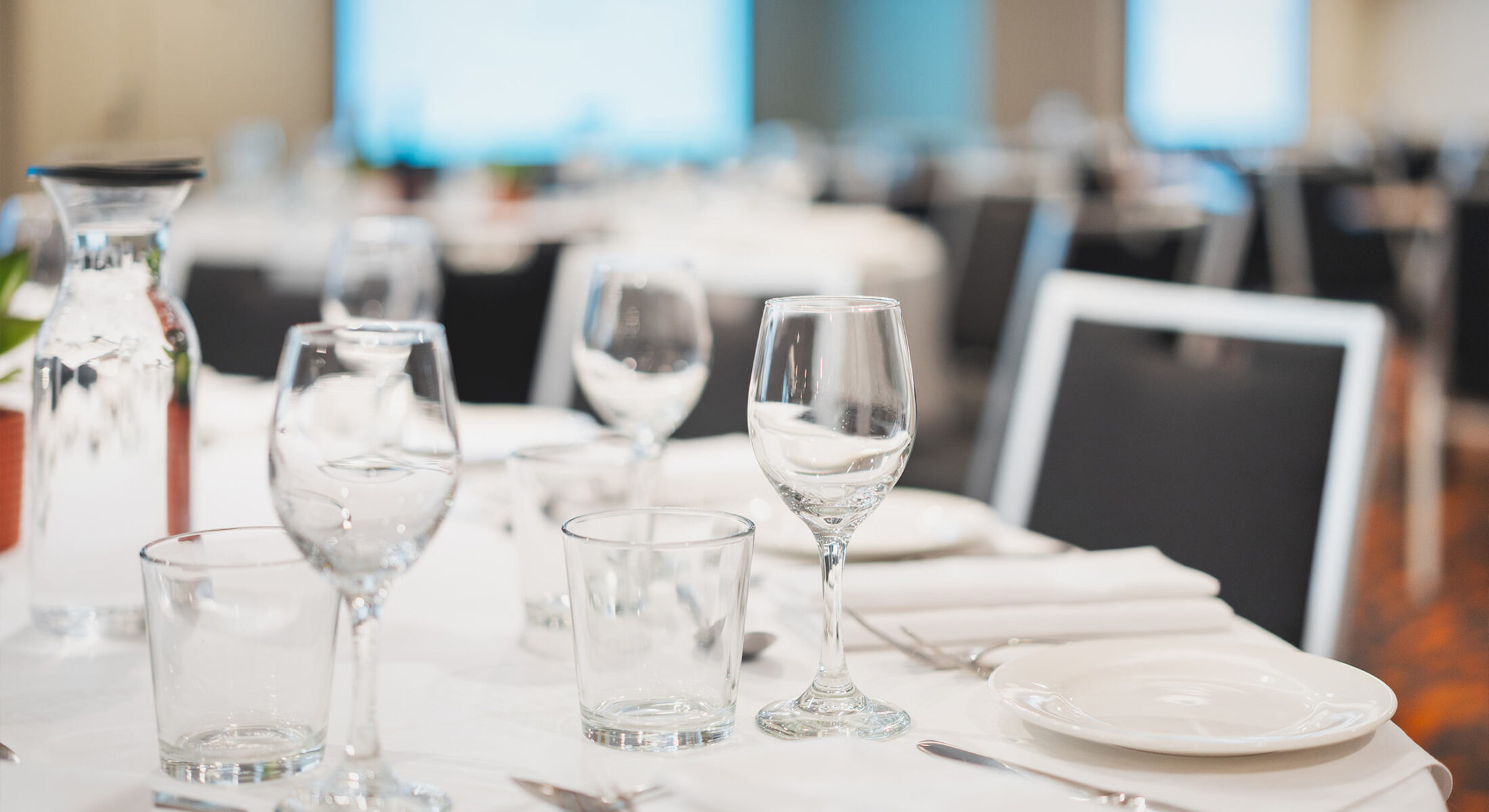 Meeting room set up for dinner banquet